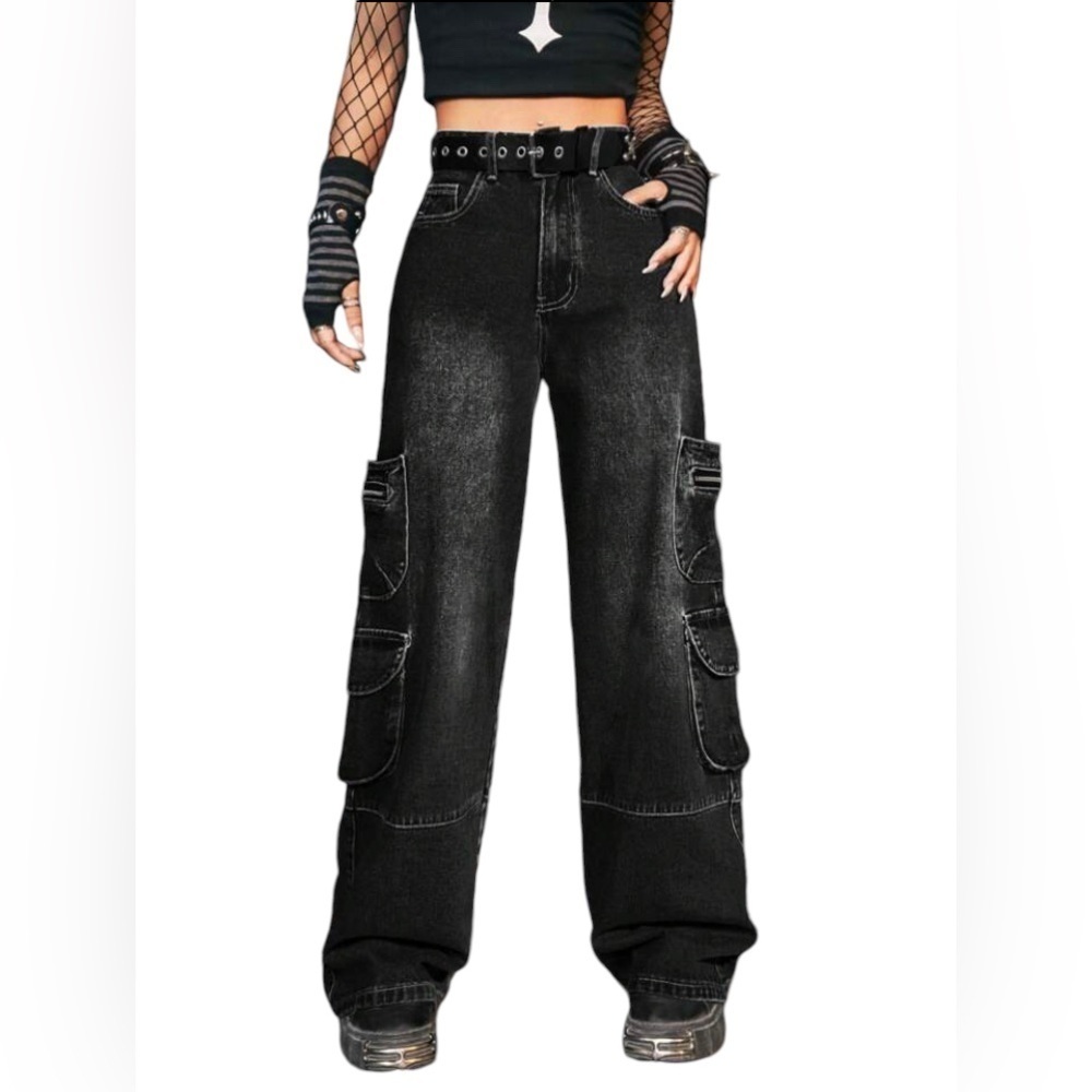 Romwe Grunge Street Style Punk Wide Leg Cargo Black Distressed Jeans Sz 4